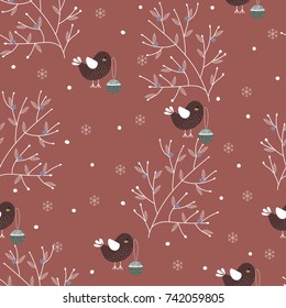 Winter seamless pattern with branches and berries and birds. Cartoon. Vector. Vintage.
