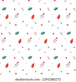 Patrón invernal sin fisuras con ramas, hojas, bayas para tarjetas de felicitación, papeles de envoltura. Patrón estético de vacaciones con fondo blanco. Ilustración vectorial.
