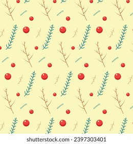 Winter seamless pattern with branches, leaves, berries for greeting cards, wrapping papers, invitations, greeting card, textile, fabric, posters. Botanical print. vector illustration.
