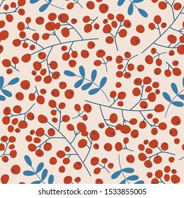 Winter seamless pattern: branches with rowan berries. Seamless pattern for greeting cards, wrapping papers, posters. Creative hand drawn pattern for winter holidays. Seamless texture for Christmas