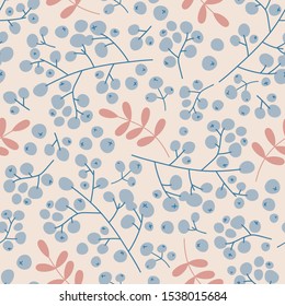 Winter seamless pattern: branches with rowan berries. Christmas background. Seamless pattern for greeting cards, wrapping papers, posters. Creative hand drawn pattern for winter holidays
