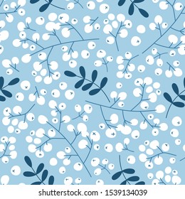 Winter seamless pattern: branches with rowan berries. Christmas background. Seamless pattern for greeting cards, wrapping papers, posters. Creative hand drawn pattern for winter holidays