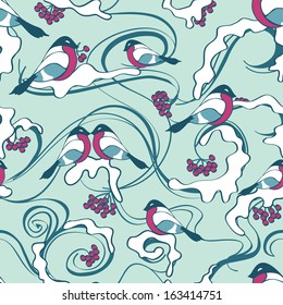 Winter seamless pattern with bullfinch birds sitting on branches of rowan tree