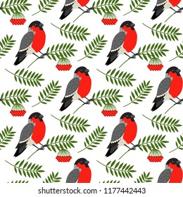 Winter seamless pattern with bullfinch and rowan berries and leaves, vector illustration