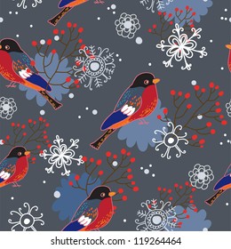 Winter seamless pattern with bullfinches