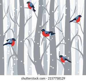 Winter seamless pattern with bullfinches and birch trees