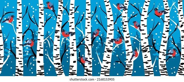 Winter seamless pattern with bullfinches and birch trees