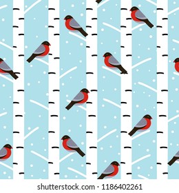 winter seamless pattern with bullfinches on the birch - vector illustration, eps