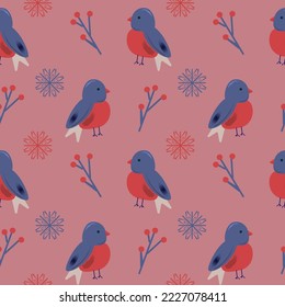 winter seamless pattern with bullfinches, snowflakes, berries on a pink background. Vector print for  textile, fabric, wrapping paper, wallpaper