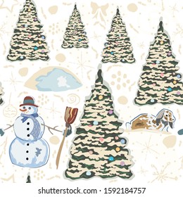 Winter Seamless Pattern with bunnies, spruce trees and snowman. Blue Background with transparent bear and other winter doodles. Creative Design. Vector Illustration.