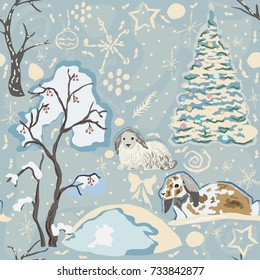 Winter Seamless Pattern with bunnies, spruce trees and berry trees. Blue Background with transparent bear and other winter doodles. Creative Design. Vector Illustration.