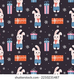 Winter seamless pattern with bunny, presents and snowflakes. Perfect for wrapping paper, greeting cards and seasonal design.