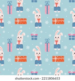 Winter seamless pattern with bunny, presents and snowflakes. Perfect for wrapping paper, greeting cards and seasonal design.