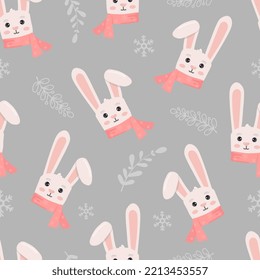 Winter seamless pattern with bunny in scarf. Perfect for wrapping paper, greeting cards and seasonal design.