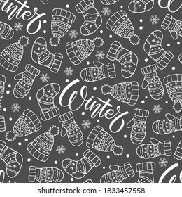 Winter seamless pattern. Calligraphy Lettering with mittens, socks and hats. Vector illustration. Seasonal Design for wallpaper, wrapping, textile drawing. white winter sketch element on dark gray 