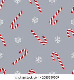 Winternahtloses Muster mit Bonbons und Schneeflocken. Digitales Weihnachtspapier für Grußkarten, Textilien, Plakate, Banner, Umhüllung. Geometrischer, einfacher Hintergrund.