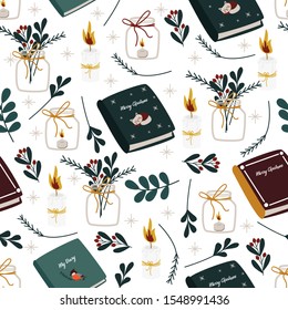 winter seamless pattern with candles and books on white background - vector illustration, eps