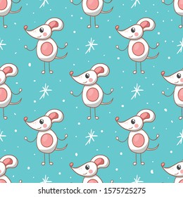 Winter seamless pattern with cartoon cute mouse. Cute animal illustration