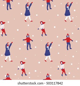 Winter seamless pattern with cartoon girls. Young girls dancing on a snowy hill. Christmas time. Funny and simply cute pattern. Vector