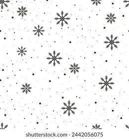 Patrón sin costuras de invierno con copos de nieve dibujados a mano de dibujos animados sobre fondo blanco. El telón de fondo de Año Nuevo. Vector de fondo de Navidad para tela, textil, papel de embalaje, tarjeta, invitación, papel pintado.