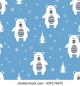 Winter seamless pattern with cartoon polar bears, fir and snowflakes