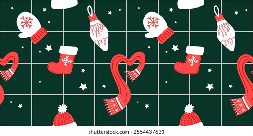 Winter seamless pattern with checkered pattern Christmas sock, winter hat and scarf, Christmas tree toy and red and white candy cane. Vector seamless seamless pattern background happy Christmas 