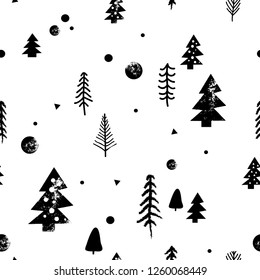 Winter seamless pattern. Christmas abstract background. Black and white forest grunge texture.