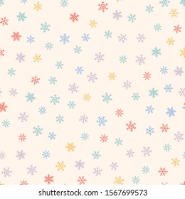 Winter seamless pattern. Christmas background with small colored snowflakes. Elegant vector texture. Festive holiday theme. Cute repeat design for kids, print, decoration, wallpaper, greeting card