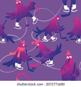 Winter seamless pattern. Christmas seamless background with funny pigeons. Funny characters doves in skates. Pigeons are skating on the ice rink. Holiday vector illustration. Festive background.