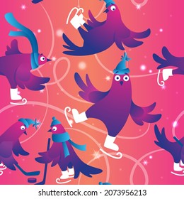 Winter seamless pattern. Christmas seamless background with funny pigeons. Funny characters doves in skates. Pigeons are skating on the ice rink. Holiday vector illustration. Festive background.