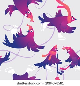 Winter seamless pattern. Christmas seamless background with funny pigeons. Funny characters doves in skates. Pigeons are skating on the ice rink. Holiday vector illustration. Festive background.
