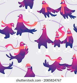 Winter seamless pattern. Christmas seamless background with funny pigeons. Funny characters doves in skates. Pigeons are skating on the ice rink. Holiday vector illustration. Festive background.
