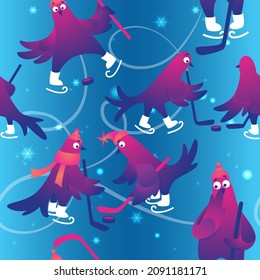 Winter seamless pattern. Christmas seamless background with funny pigeons. Funny characters doves in skates. Pigeons are skating on the ice rink. Holiday vector illustration. Festive background.