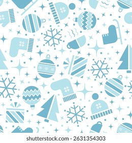 Winter Seamless Pattern. Christmas Background with Winter Elements in Geometric Style. Merry Christmas, Happy New Year Design. Christmas Ball, Snowflake, Hat, Glove, Sock, Skates. Vector in Blue,White