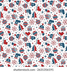 Winter Seamless Pattern. Christmas Background with Winter Elements in Geometric Style. Christmas Ball, Tree, Snowflake, Hat, Glove, Sock, Skates, Gift Box. Vector in Red, Blue on White
