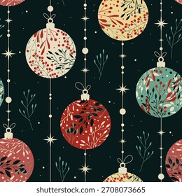 Patrón de invierno sin fisuras con bolas de Navidad. Bayas y plantas. Fondo para papel de regalo, impresión de tela, tarjetas de felicitación. Diseño de Festiva de invierno.