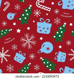 Winter seamless pattern with christmas decorations and christmas trees. Vector Illustration.
