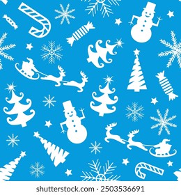 Winter seamless pattern with christmas decorations and christmas trees. Vector Illustration.