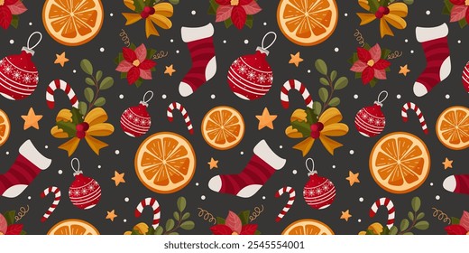 Winter seamless pattern with Christmas elements candy cane, orange, sock, branches and poinsettia, flower, holly berry. Cartoon illustration. Vector design for greeting cards, textile, wrapping paper 