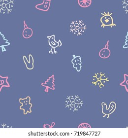 Winter seamless pattern with Christmas figures. Birds, cones, bears, snowflakes, Christmas trees, balls, stars on a blue background. Doodle art.
