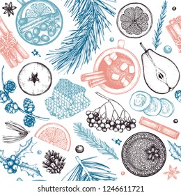Winter seamless pattern. Christmas gift wrapping. Pine cone, dried fruits, conifers, hot drinks vintage background.