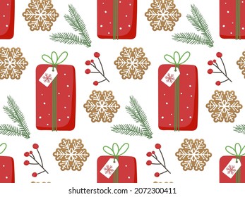 Winter seamless pattern with Christmas gift box wrapped in red paper, spruce twigs, red berries, snowflake shape gingerbread. Flat vector repeated background for wallpaper, wrapping, packing.