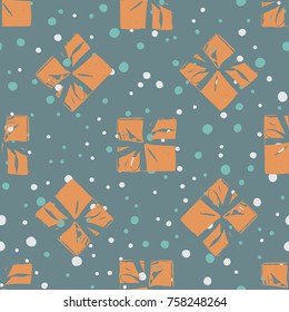 Winter Seamless Pattern with Christmas Gift Boxes. Wrapped Boxes with Stripes and Bows Flat Vector on Color Background for Gift Wrapping Paper, Christmas Greeting Card, Invitations