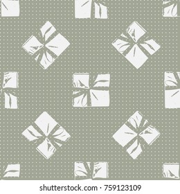 Winter Seamless Pattern with Christmas Gift Boxes. Wrapped Boxes with Stripes and Bows Flat Vector on Color Background for Gift Wrapping Paper, Christmas Greeting Card, Invitations