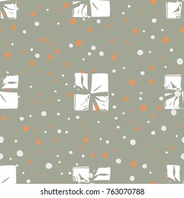 Winter Seamless Pattern with Christmas Gift Boxes. Wrapped Boxes with Stripes and Bows Flat Vector on Color Background for Gift Wrapping Paper, Christmas Greeting Card, Invitations