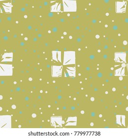 Winter Seamless Pattern with Christmas Gift Boxes. Wrapped Boxes with Stripes and Bows Flat Vector on Color Background for Gift Wrapping Paper, Christmas Greeting Card, Invitations