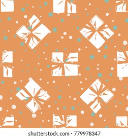 Patrón de invierno sin foco con cajas de regalo de Navidad. Cajas envueltas con rayas y arcos Vector plano sobre fondo de color para papel de envolvimiento de regalo, tarjeta de saludo de Navidad, invitaciones
