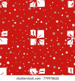 Winter Seamless Pattern with Christmas Gift Boxes. Wrapped Boxes with Stripes and Bows Flat Vector on Color Background for Gift Wrapping Paper, Christmas Greeting Card, Invitations