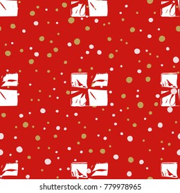 Patrón de invierno sin foco con cajas de regalo de Navidad. Cajas envueltas con rayas y arcos Vector plano sobre fondo de color para papel de envolvimiento de regalo, tarjeta de saludo de Navidad, invitaciones