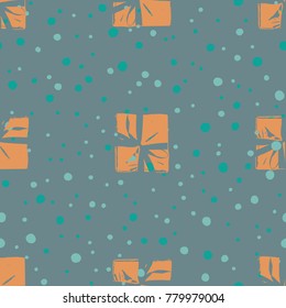 Winter Seamless Pattern with Christmas Gift Boxes. Wrapped Boxes with Stripes and Bows Flat Vector on Color Background for Gift Wrapping Paper, Christmas Greeting Card, Invitations